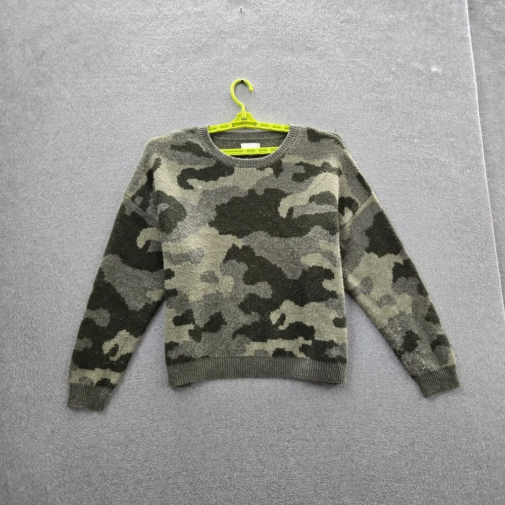 Lucky Brand Women Sweater XL Green Acrylic Wool Camouflage Grunge Long Sleeve